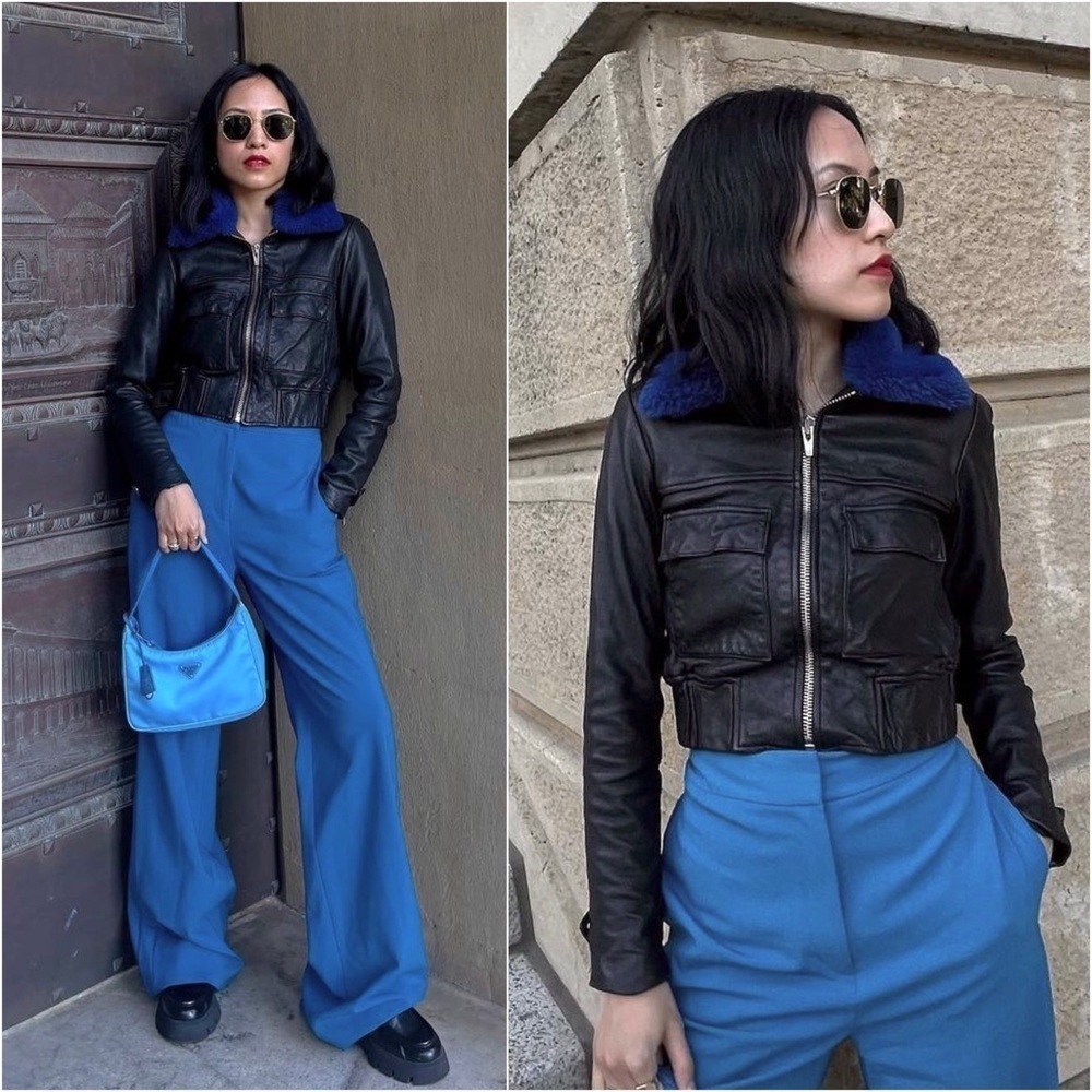 VEDA Lamb Leather Faux Fur Collar Cropped Y2K Penny Lane Biker Bomber Jacket L‎ - Picture 8 of 13